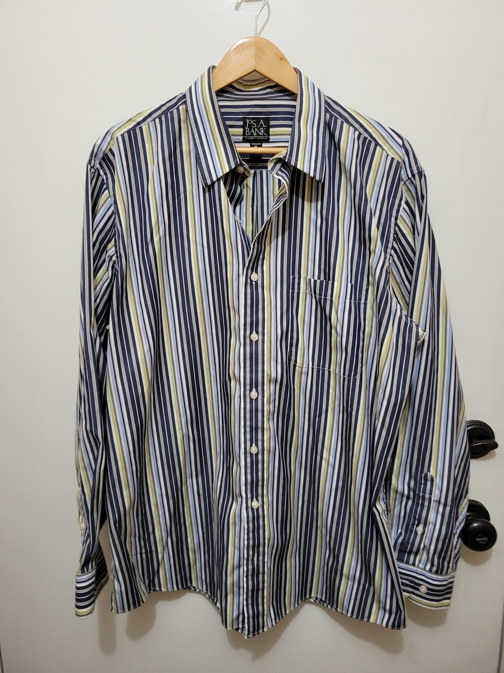 Jos. A. Bank Vertical Stripe Dress Shirt - Navy, White & Green - Size XL
